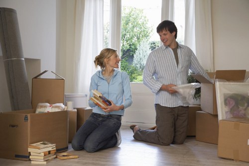 Moving boxes and packing materials arranged for local storage or relocation